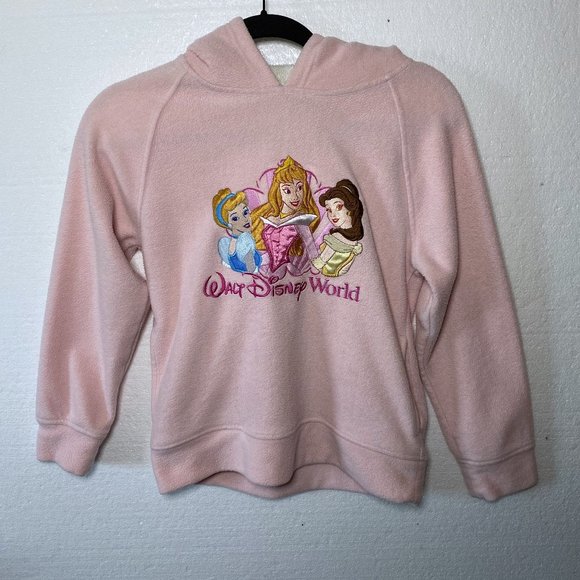 Walt Disney World Girls Sz L Pink Sherpa Hoodie Princess Belle Aurora Cinderella